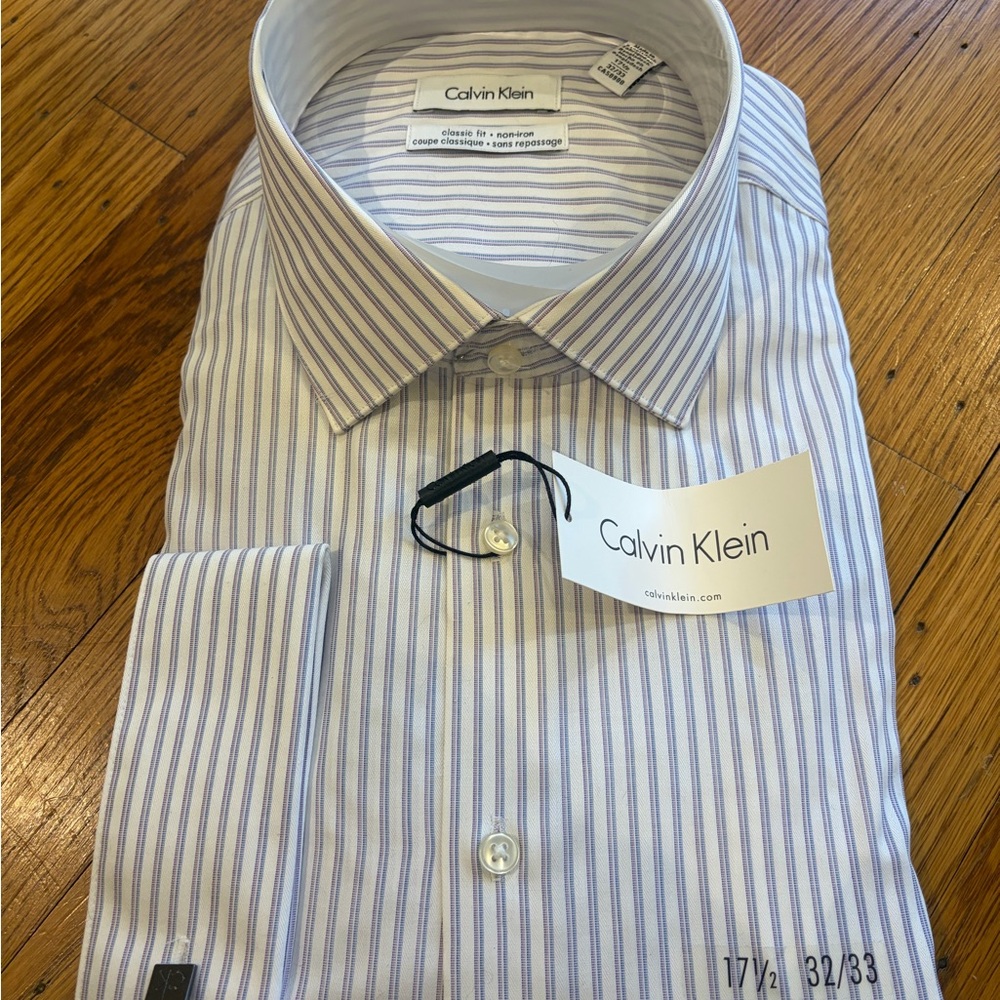Calvin Klein Men’s Blue and White Striped Dress Shirt
